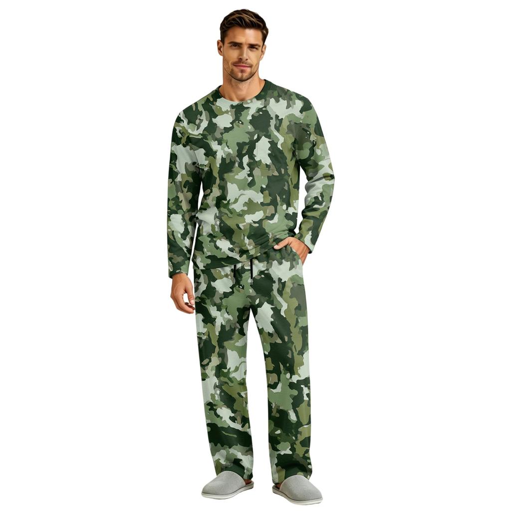 Men's Long Sleeve Pajama Set with Button Crotch and Elastic Drawstring Waist Pants for Home Loungewear