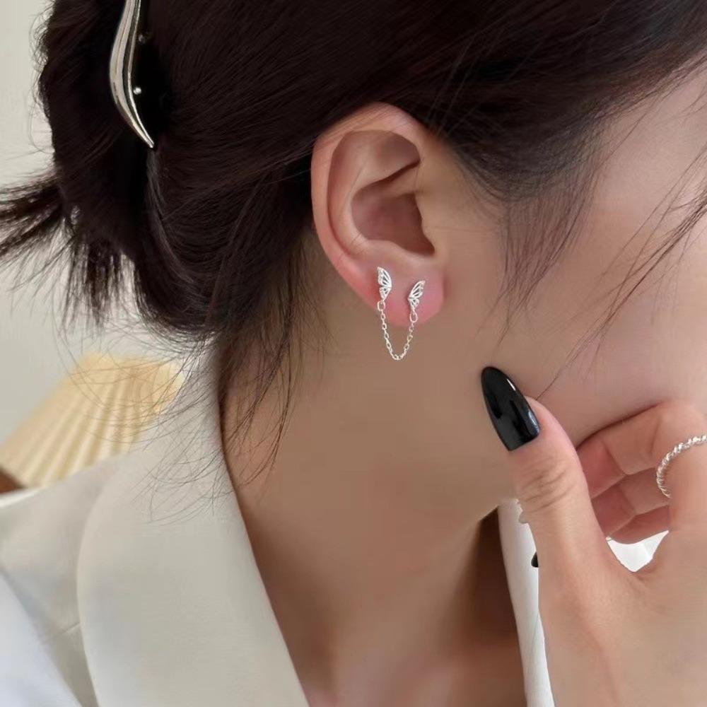 Exquisite Sweet Hollowed-out Butterfly Tassel Chain Double-ear Piercing Stud Earrings for Women Korea Designer Jewelry Accessory