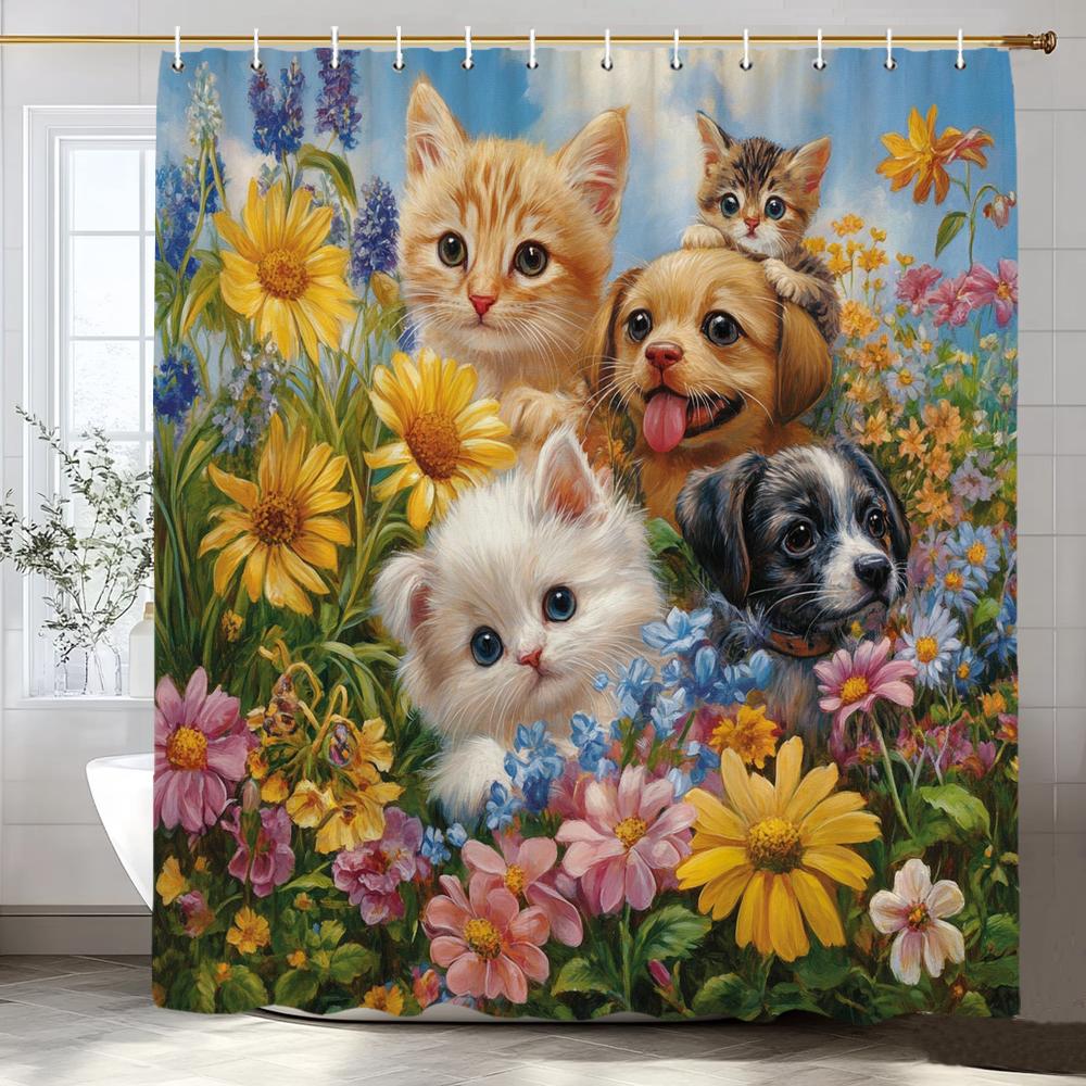 Cute Cats and dogs in the garden Shower Curtain, Bathroom Decorative Shower Curtain, Waterproof Shower Curtain with Hooks