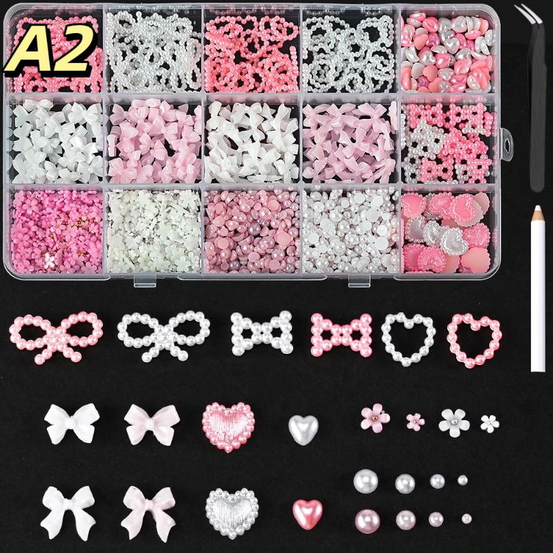 12/15 Grids/Box Mixed Resin Bowknot Nail Charms 3D Colorful Bow  Nail Art Decorations Diy Manicure Parts With Tools