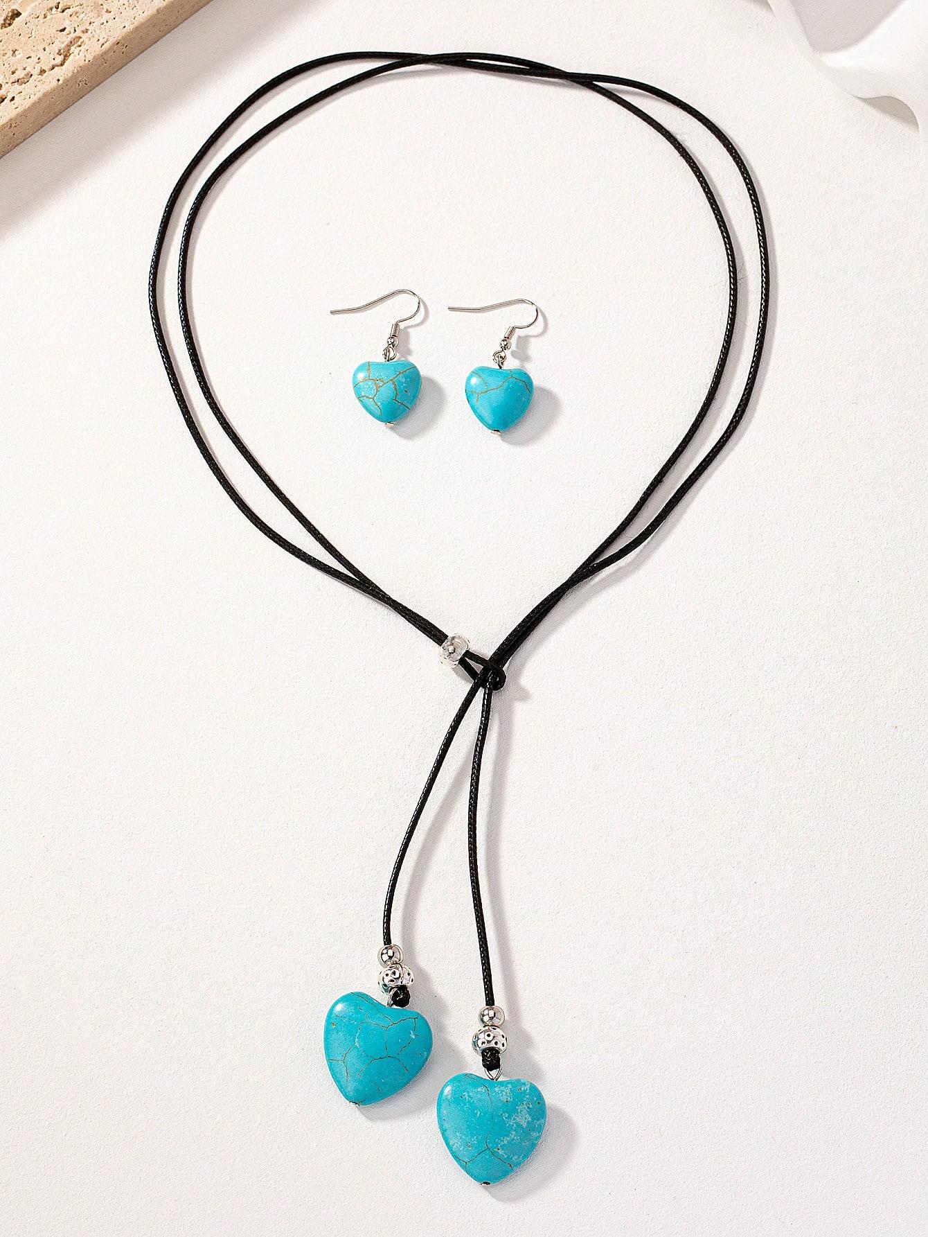 

3 шт./Набор Богемия Бирюзовое Сердце Ожерелье и Серьги Набор Ювелирных Изделий Регулируемое Длинное Ожерелье