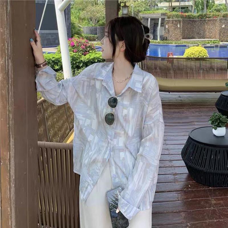 

2025 Early Autumn Korean Tie-Dye Chiffon Sunscreen Long-Sleeve Shirt for Women Small синий