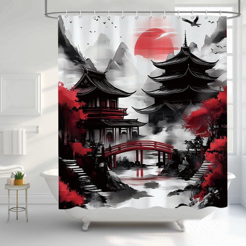Japanese Anime Shower Curtain, Asian Cherry Blossom Landscape Ink Painting Design Bath Curtains For Bathroom, Black And Red