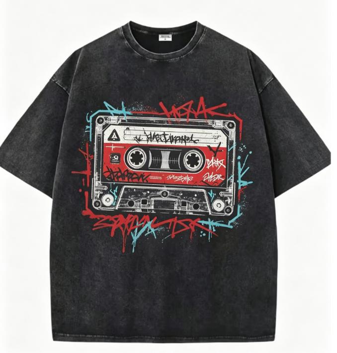 Retro Cassette Vinyl Record Print T Shirt Mens Oversized Washed Black Tee Graffiti Streetwear Casual Tops
