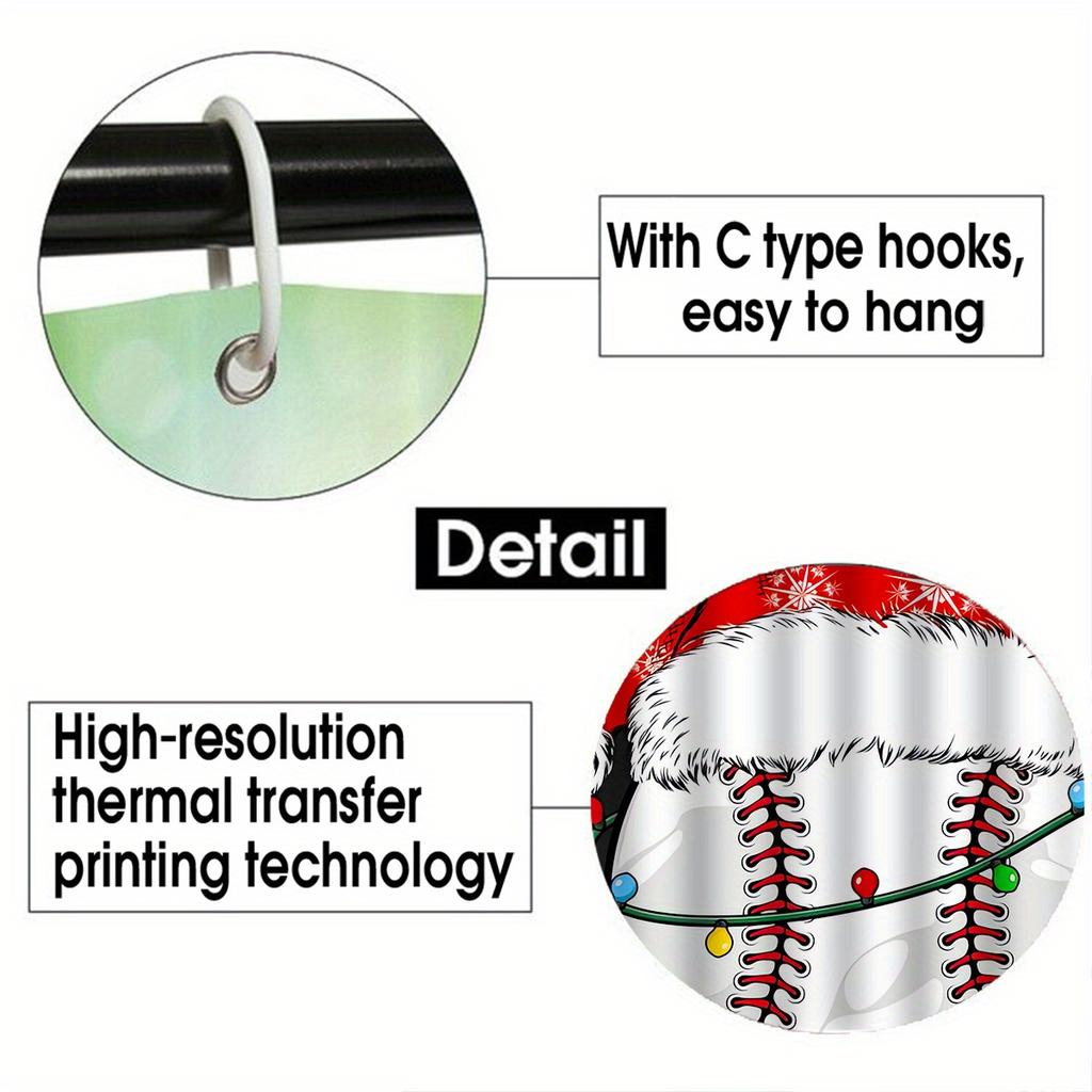 Baseball-Themed Christmas Shower Curtain Set With 12 Hooks - Polyester, Non-Slip Bath Mat, U-Shaped Toilet Mat & Lid Cover