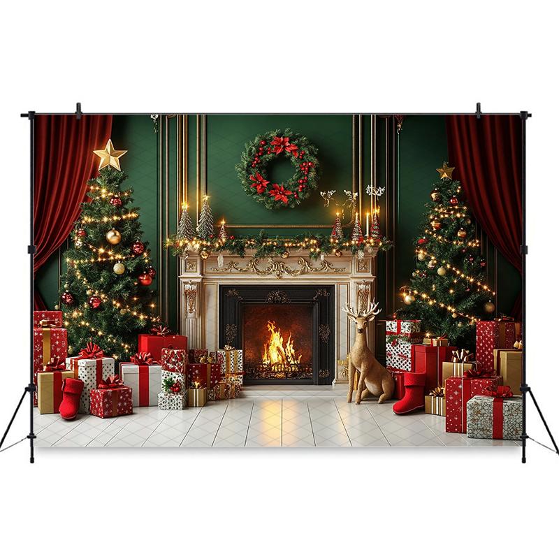 Mocsicka Christmas Photography Background Home Decoration Family Photo Backdrop Room Xmas Tree Fireplace Pattern Shooting Banner