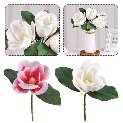 White Pink Artificial Magnolia Flower Green Leaves Luxury Design White Magnolia Flower Real Touch Faux Flower Event Decoration