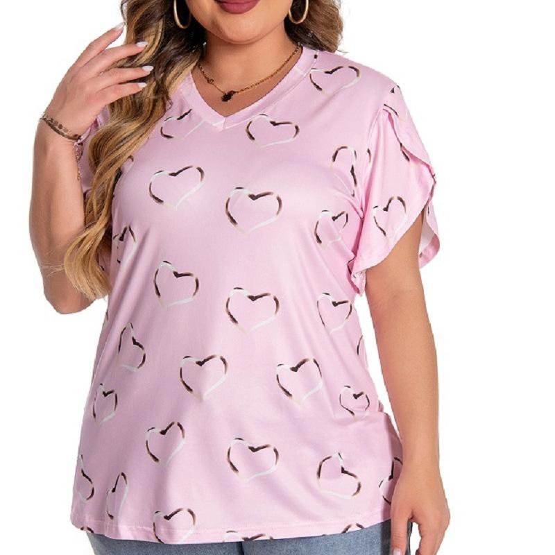 

Женская летняя свободная футболка с v-образным вырезом и принтом Love с короткими рукавами и короткими рукавами, повседневная дышащая легкая футболка для работы и отпуска, плюс топ(XL~5XL) 3XL розовый