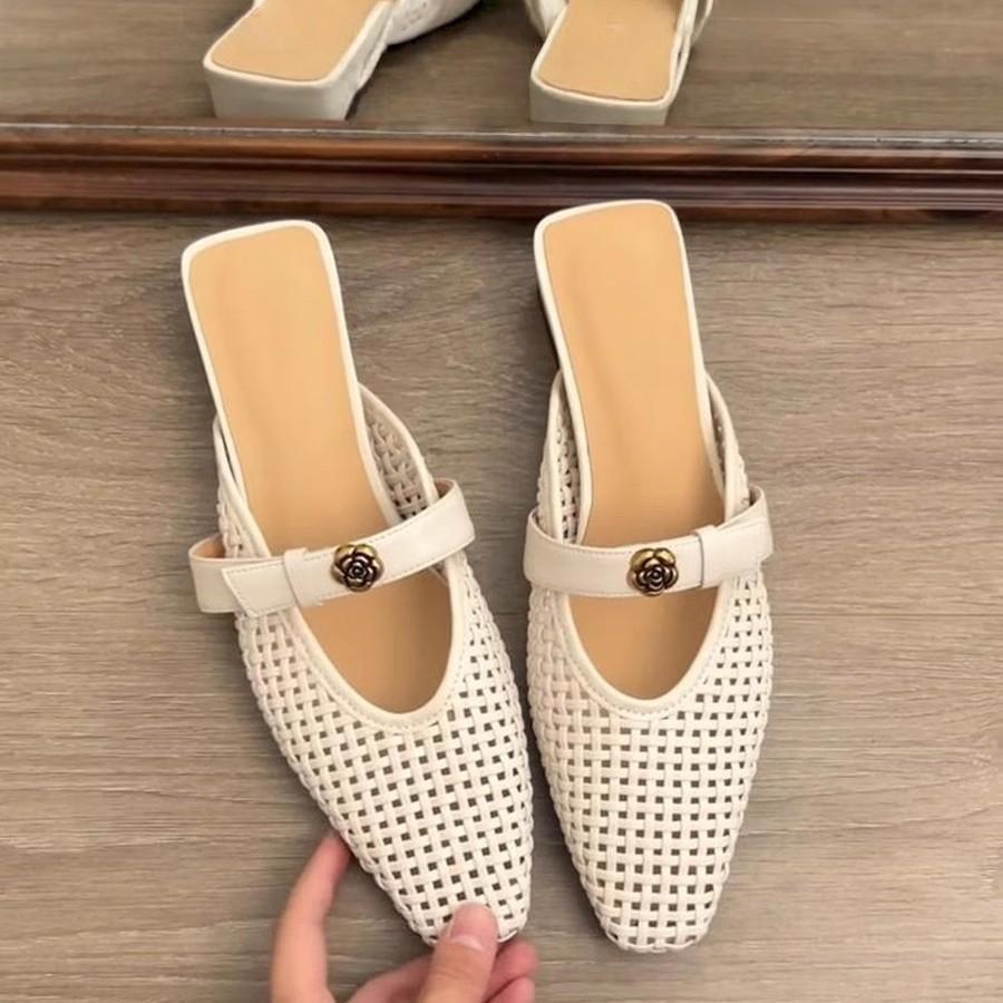 Woven breathable hollow bag head half slippers women's summer new French thick heel versatile sandals