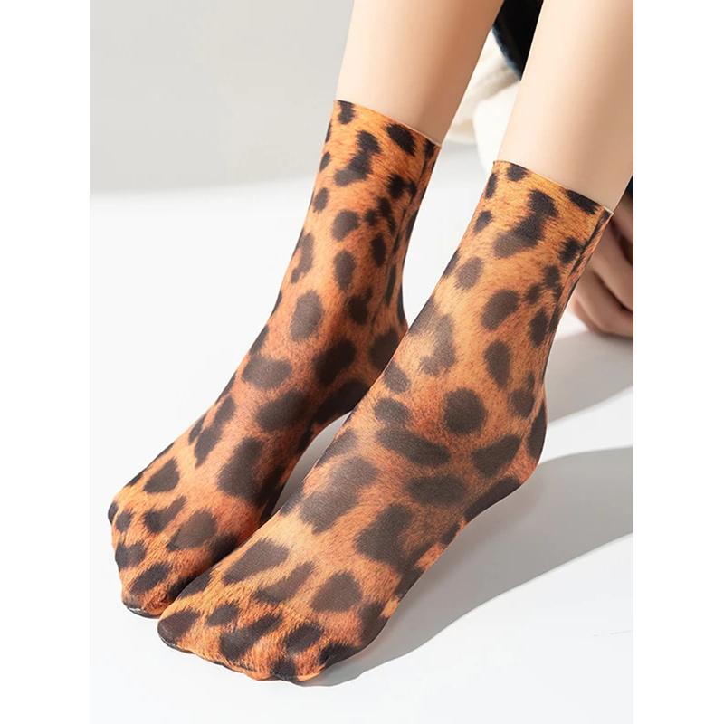 3 Pairs Leopard Large Flower Print Short Socks Summer Single Shoes Stockings High Elastic Comfortable Breathable Casual