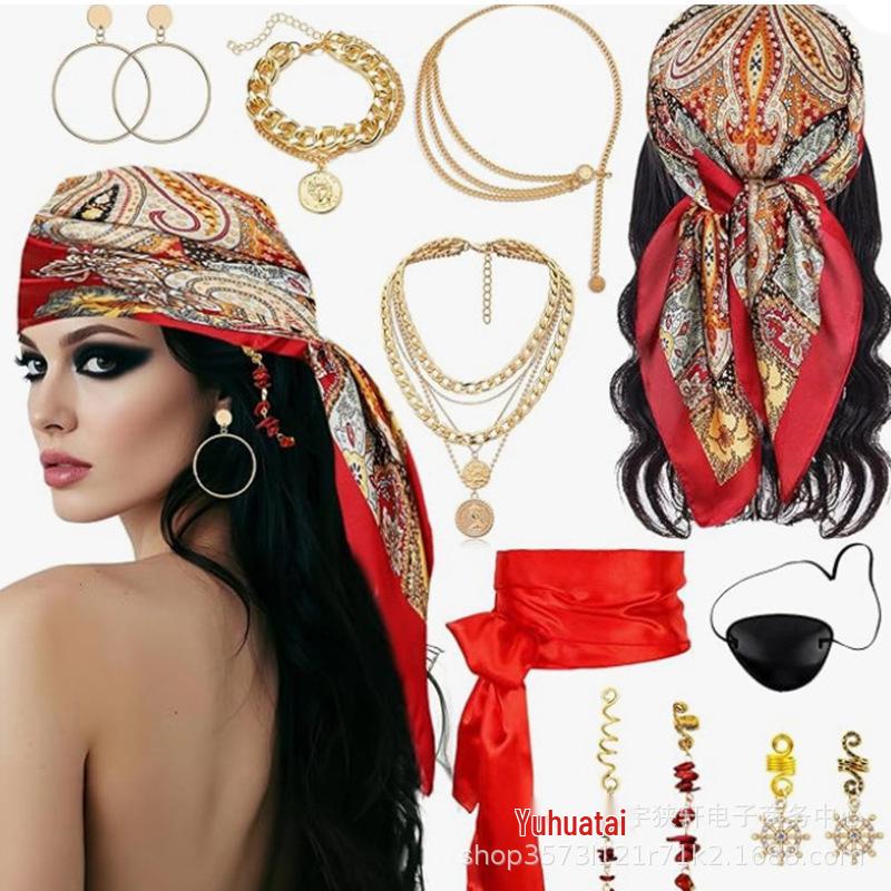 Halloween Cosplay Pirate Accessory Set: Headscarf, Belt, Necklace, Bracelet
