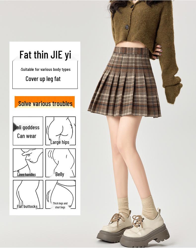 Korean Style Wool Plaid Pleated Mini Skirt for Women - High Waist A-line Slimming Design