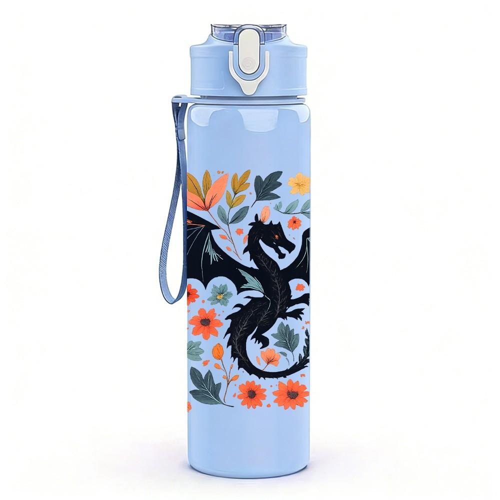 1PC Floral Dragon Dark Art Print 750ml Color Plastic Sports Water Bottle Leakproof Flip Straw Lid Suitable for Sports Office Home Use