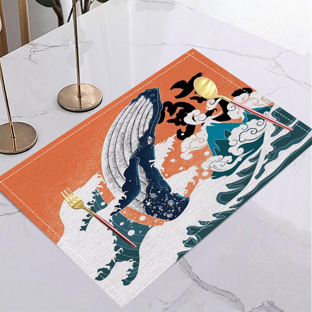 Japansk Ukiyo-e Stil Linne Dukunderlägg Halkfria Bordsunderlägg Rektangulära Halkfria Matsalsbord för Kök Heminredning Viktiga Tillbehör