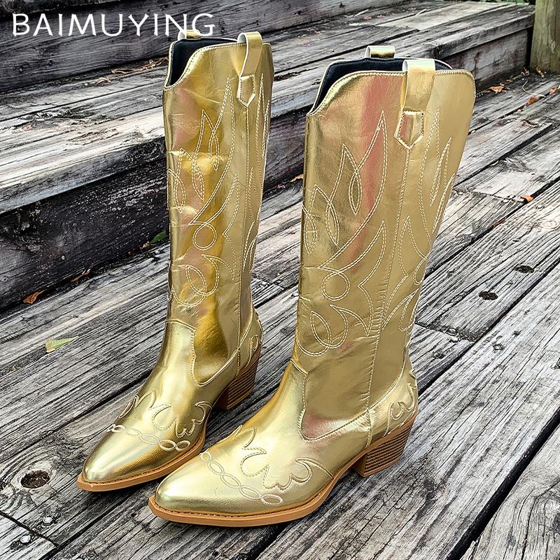 Embroidery Chunky Women High Boots Pointed Toe Designer Mid Heels Shoes 2025 Trend Winter Pumps Knee High Chelsea Botas De Mujer