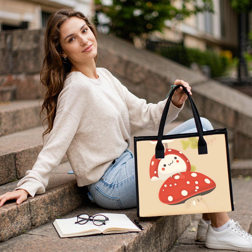 Cute Cartoon Mushroom Printed Tote Bag Casual Large Capacity Shopping Handbag for Daily Use