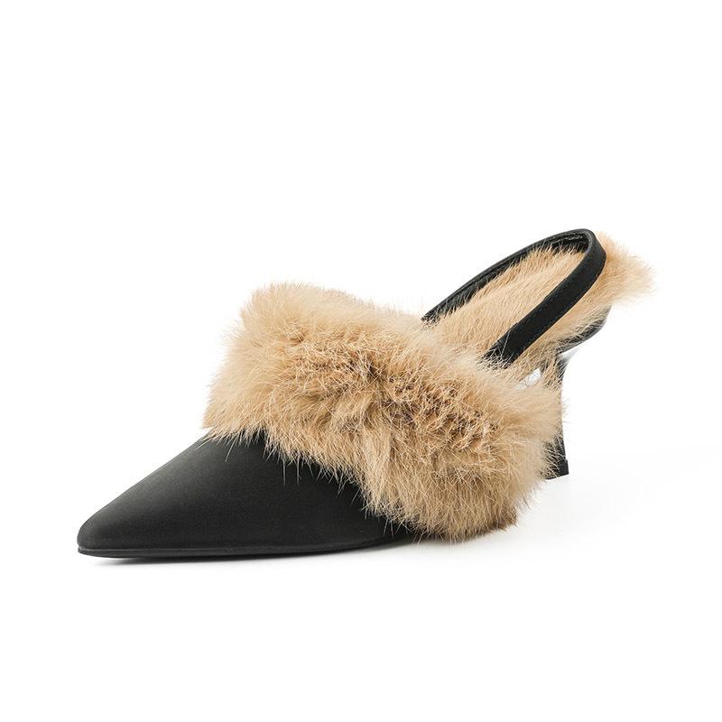 

Autumn Winter Fur Lined Stiletto High Heel Mule Sandals for Women Pointed Toe Dress Sandals Cozy Back Strap Sandalias De Mujer 42