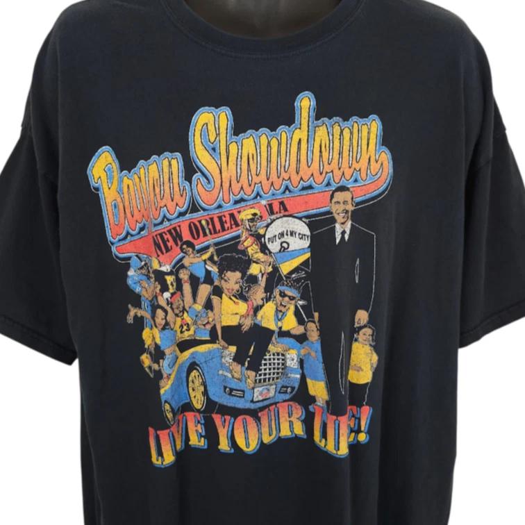 Bayou Showdown 100% Cotton T-shirt Mens Tees Top Mens Size 2XL Black New Orleans Louisiana Barack Obama M