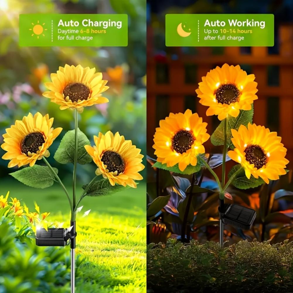 Solar Simulation Flower Lamp, Outdoor Decoration with 3 LED Sunflower Yellow Flower Lamp, Suitable for Courtyard, Villa, Lawn, Garden