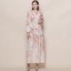 Spring Bohemian Floral Maxi Dresses for Women Runway Cross V-Neck Long Lantern Sleeve Sashes Beach Holiday Dress Boho Robes