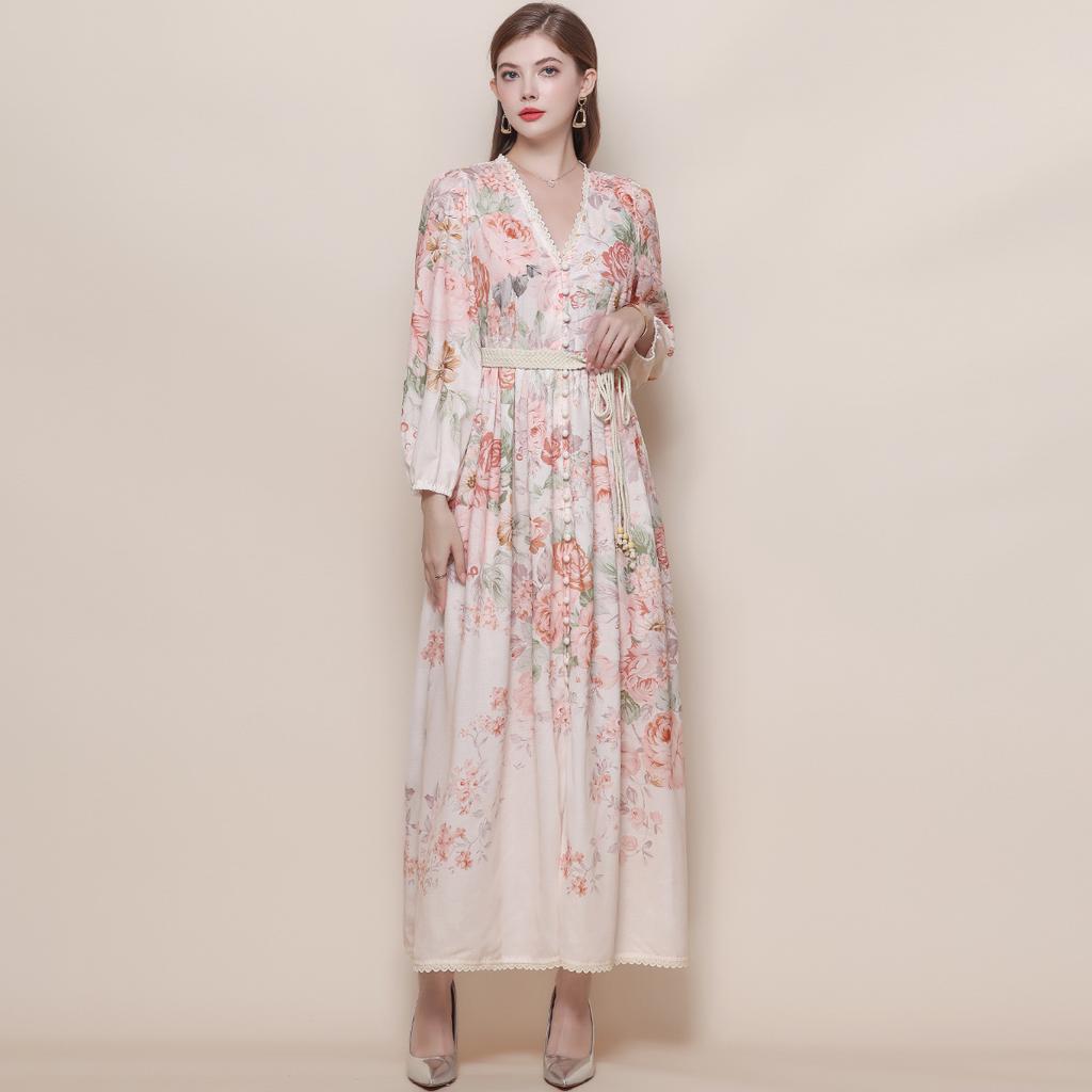 Spring Bohemian Floral Maxi Dresses for Women Runway Cross V-Neck Long Lantern Sleeve Sashes Beach Holiday Dress Boho Robes