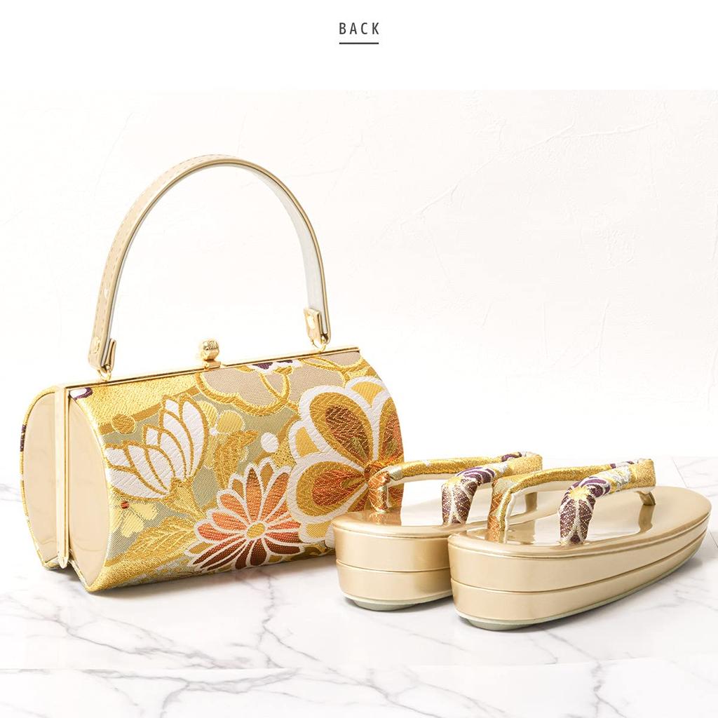 Sandals and bag set for obi formal Japanese cherry blossom and chrysanthemum mirror back x gold [SOUBIEN] coming-of-age ceremonies, long-sleeved