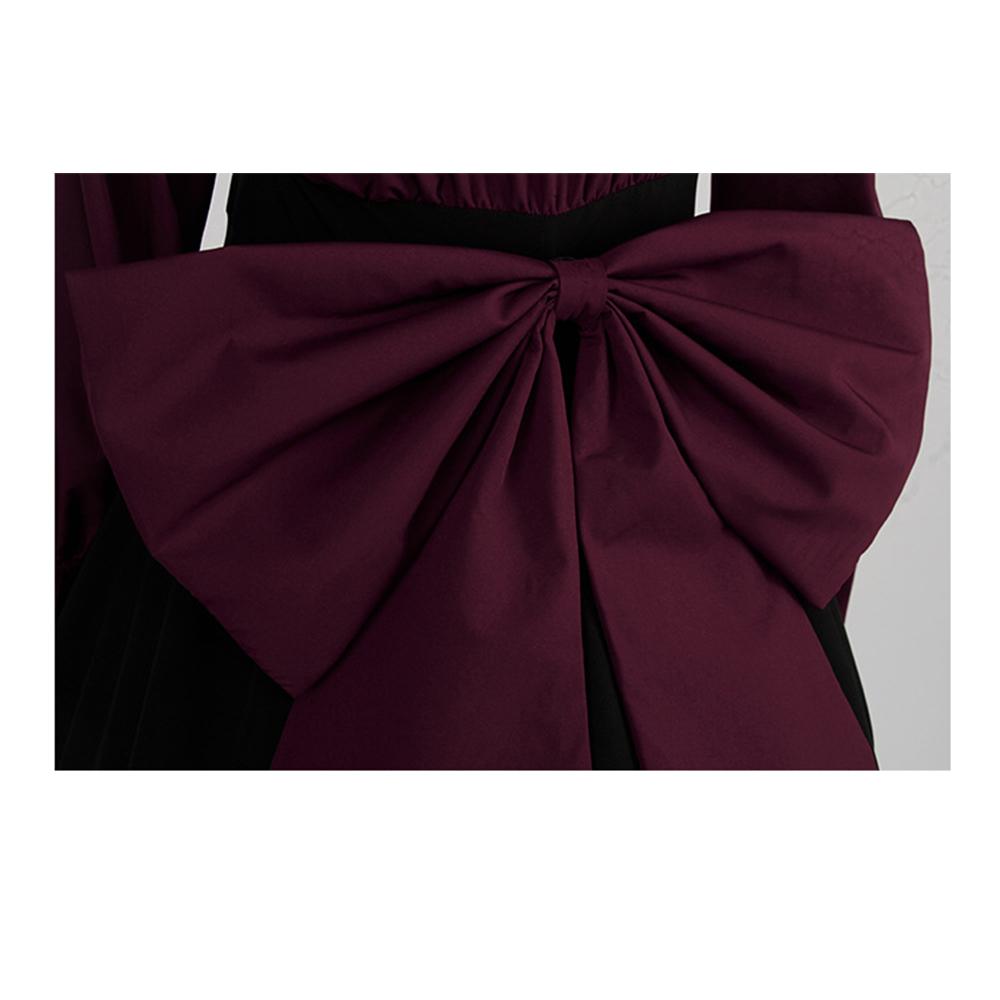 Long Sleeves Polyester Ruffle Dress with Bows, Women's Black and Red Gothic Dress for Women