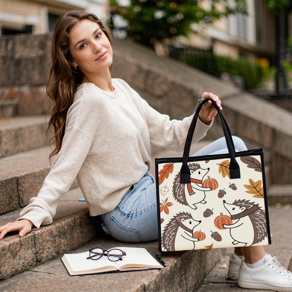 Cute Hedgehog Print Tote Bag for Autumn Outdoor Daily Use