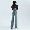 Women's Autumn and Winter Loose High Waist Wide-leg Pants for Women's Autumn and Winter Straight-leg Fur Trousers Retro Blue Floor