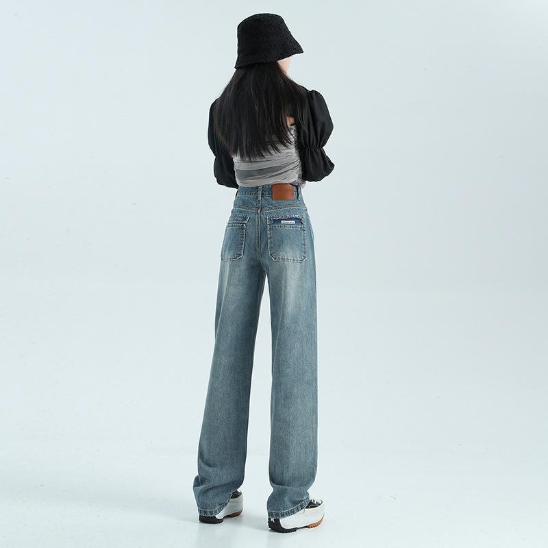 Women's Autumn and Winter Loose High Waist Wide-leg Pants for Women's Autumn and Winter Straight-leg Fur Trousers Retro Blue Floor