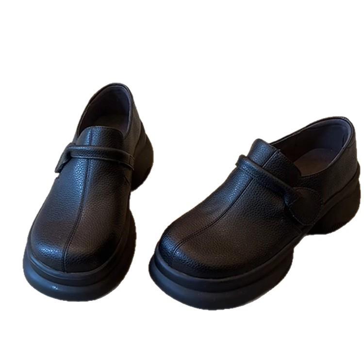 Soft Leather Version~ British Thick-soled Heightening Casual Round Head Velcro Loafers Women's Retro Black Small Leather Shoes Single Shoes