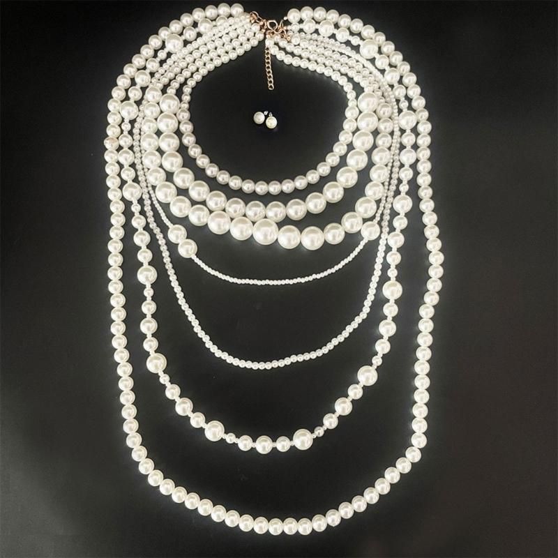 Elegant Multi Strand Imitation Pearls Chokers Necklace With Matching Stud Earrings Gift Set Vintage Fashion Stone Jewelry