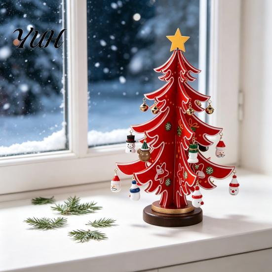 Christmas Party Supplies Wooden Tree Ornaments, 3D Rustic Tabletop Decor Indoor Decoration for Home Desk, Reusable Nordic Style Holiday Centerpiece