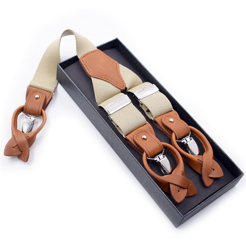 Men 2-in-1 Y-Back Suspenders Elastic 6 Clips Button End Genuine Leather Braces