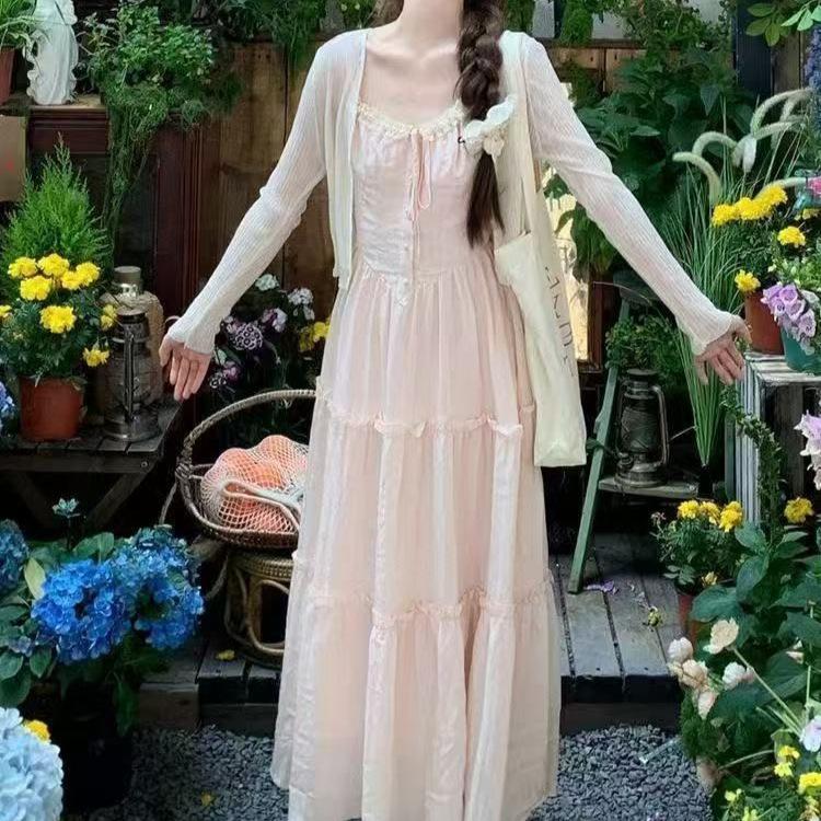 French Lace Splicing Pink Suspender Dress Summer Vacation Style Gentle Long Dress Niche Super Fairy Simple Young