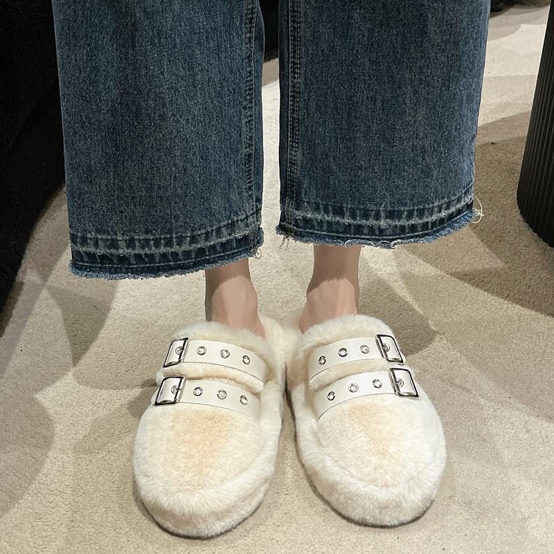 Fashion 2025 Women Furry Belt Buckle Slippers Winter Fashion Thick Sole Flats Ladies Casual Slip On Bedroom Slides Soft Half Slippers