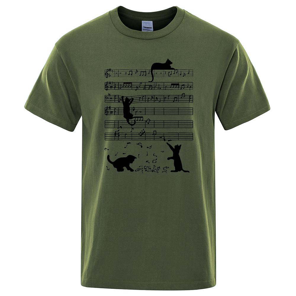 Cotton T Shirt Printed Cat Playing Staves Funny T-shirts for Men Summer Short Sleeve Top Tee Shirts Casual Basic Mens T-shirt