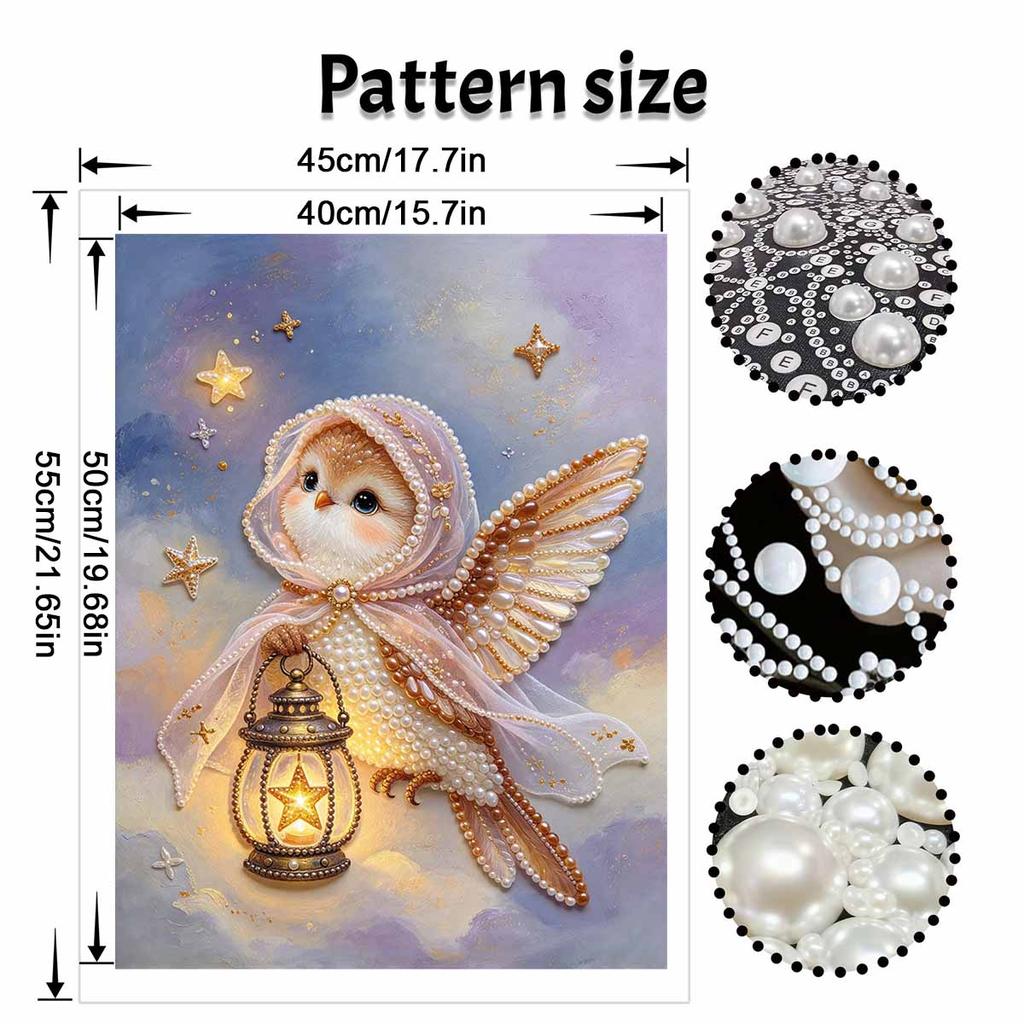 Handmade Framed Pearl Bead Painting Kit Cute Owl with Lantern Pattern 3D Shiny Canvas Art Ready to Display Home Decor Gift Idea