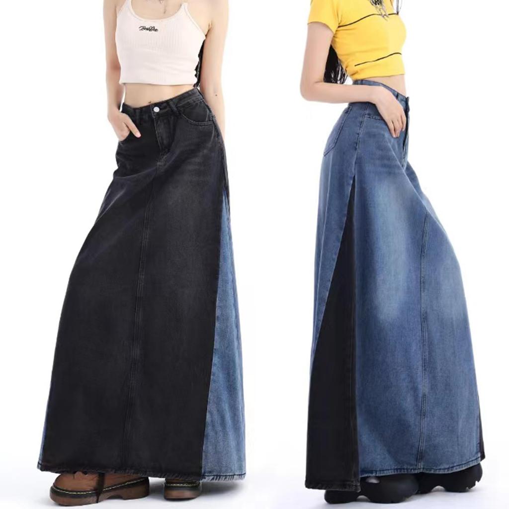Long Denim Color Loose Winter [MSFQSNB] Women's Skirt, A-Line, Block, Pockets, Fit, Slimming, Leg-Lengthening, Elegant, Casual, Retro, Office,