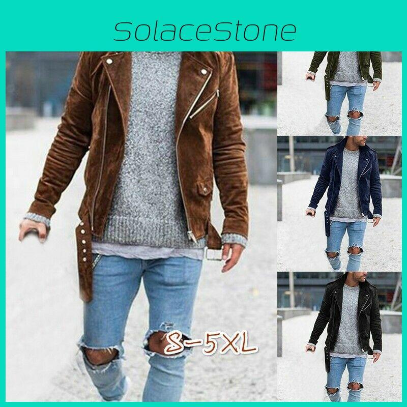 Men's Slim Faux Suede Leather Jacket With Lapel Collar And Zipper Closure For Autumn
