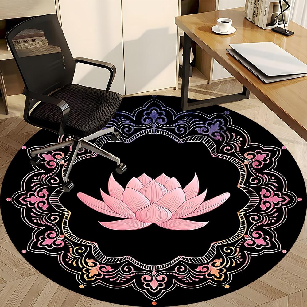 1pc Lotus Mandala Pattern Chair Carpet for Office, Round Non Slip Durable Large Size Office Carpet, Suitable for Office