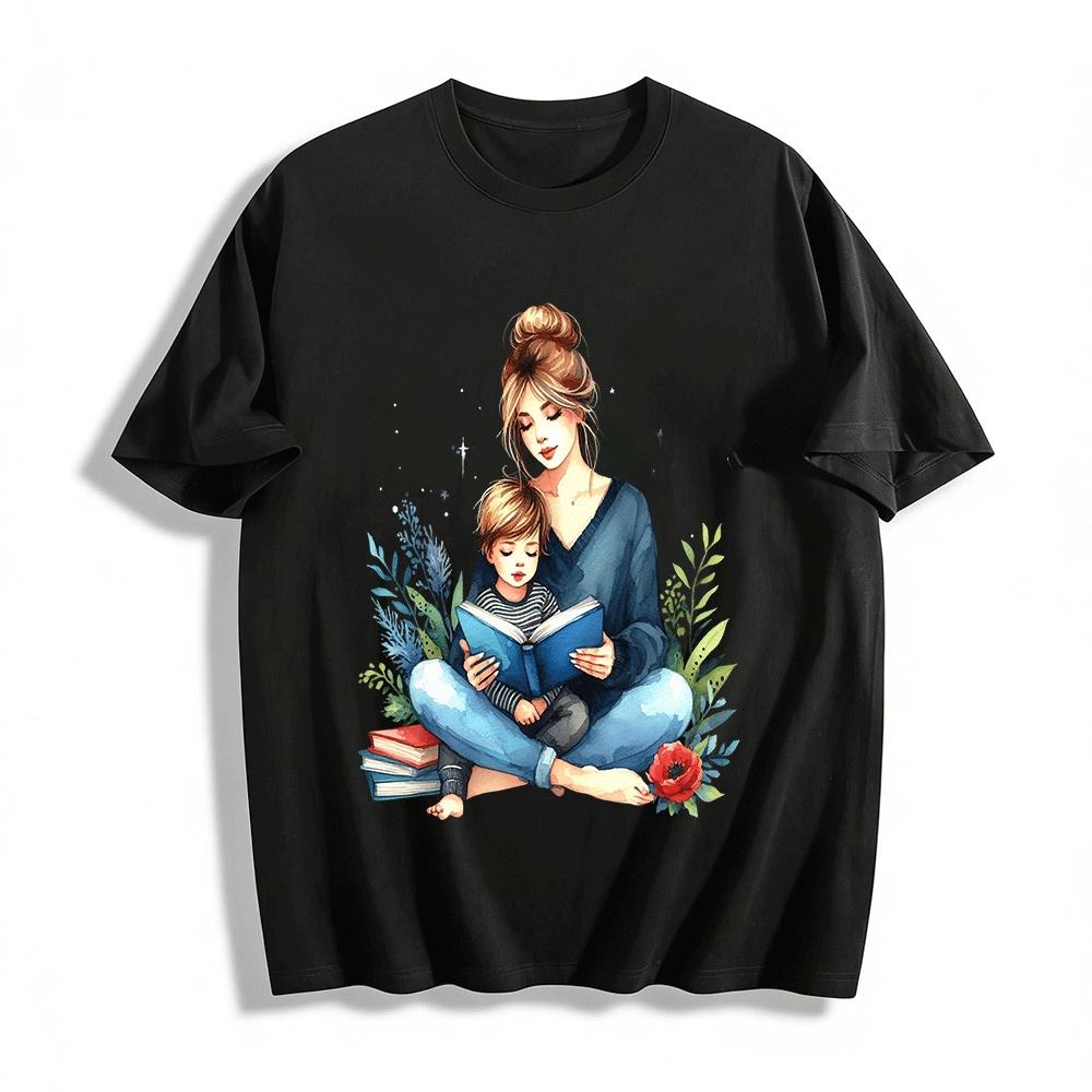 Warm Parent Child Reading Print Casual Adult Top Pure cotton T-shirt XXS