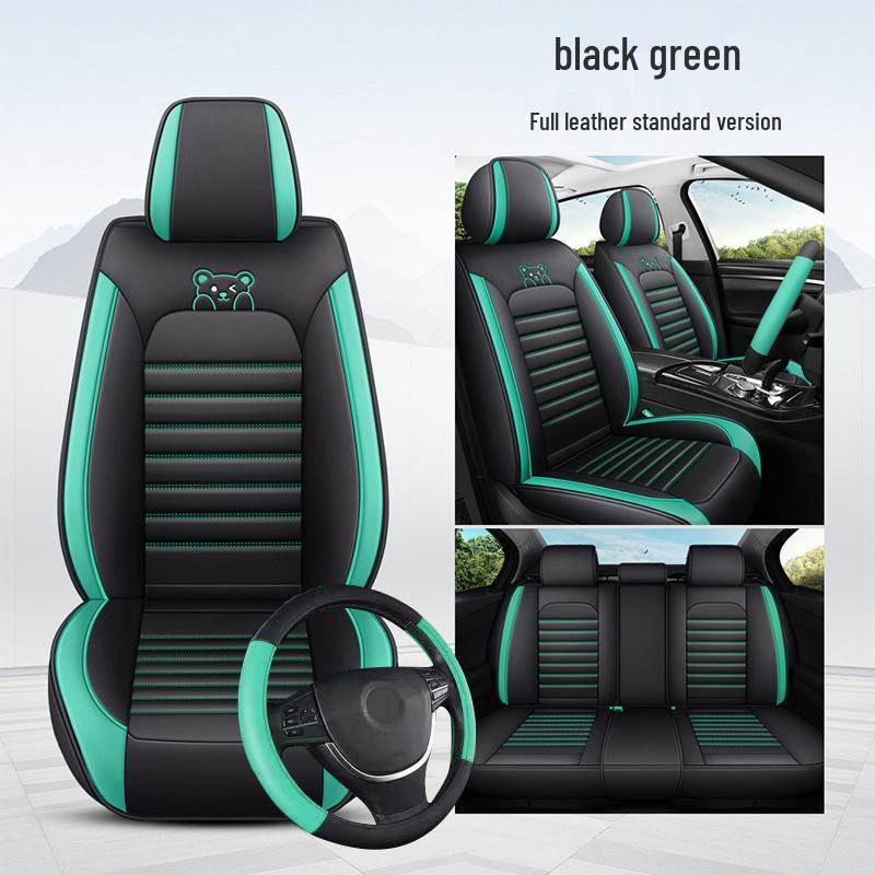 All-Season Full Surround Car Seat Cover Set - Leather & Ice Silk with Cartoon Design