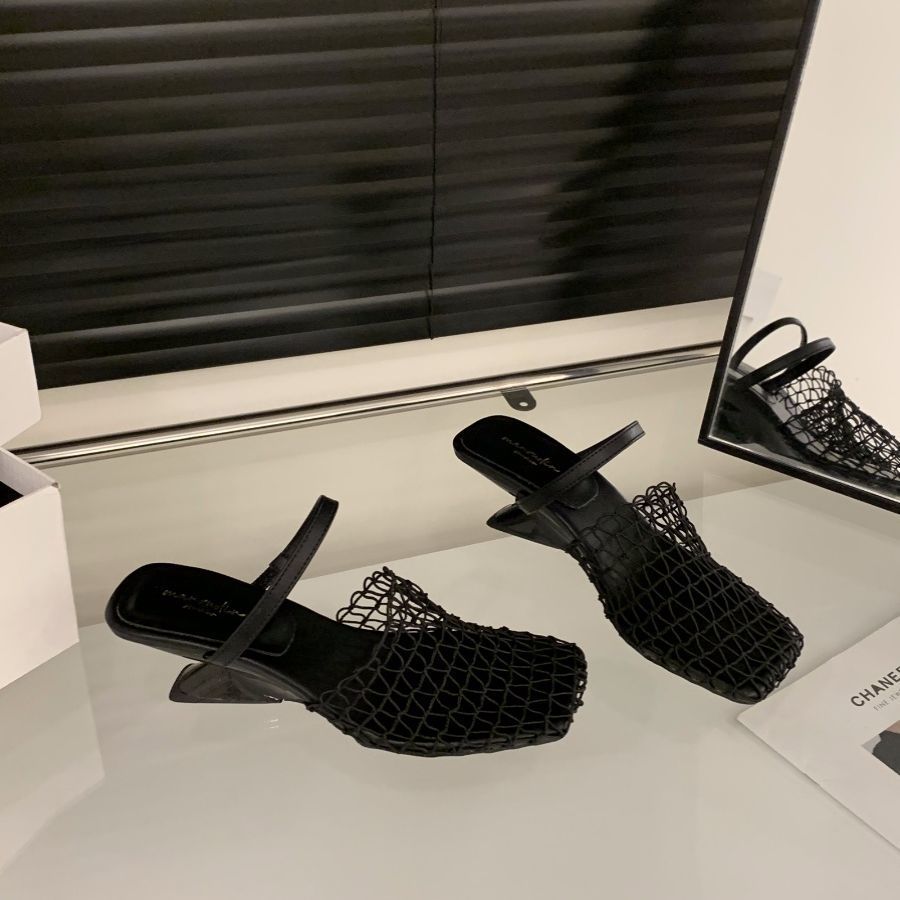 French woven mesh hollow bag head half slippers women's shoes wear 2025 summer wedge heel high heel Roman sandals
