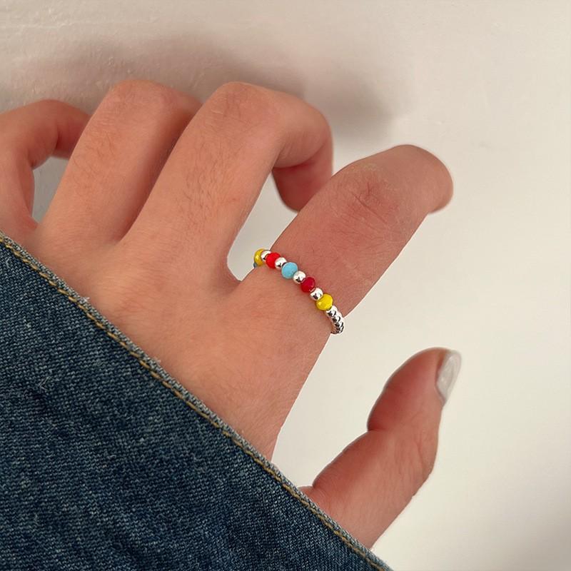 Color Crystal Beaded Ring Ins Niche Design Sense Advanced Finger Ring Light Luxury Temperament All Match Ring Accessories