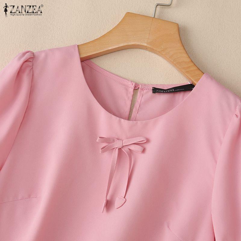 ZANZEA Blusa da donna casual a girocollo, tinta unita, manica corta larga