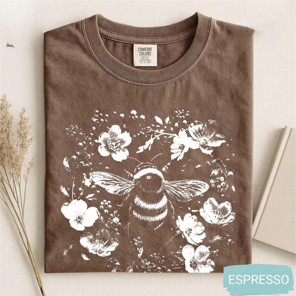 Bumblebee Wildflower Shirt and kids tshirt, Floral Bee Wreath Tee, Botanical Nature Lover Gift, Dark Grey T-Shirt and kids tshirt