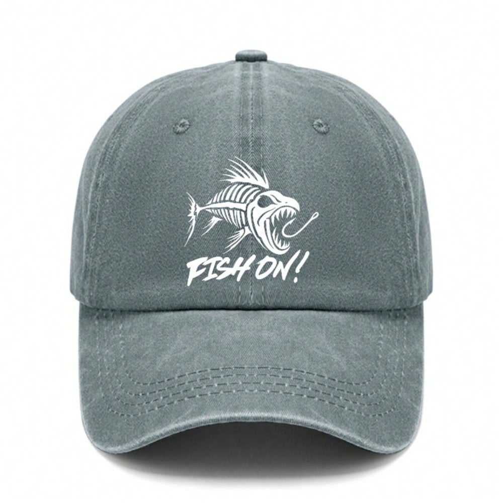 [Fishing Baseball Cap] Vintage Washed Unisex "FISH ON!" Print Polyester Adjustable Curved Brim Outdoor Sports Hat For Camping Beach Daily Wear - Dad