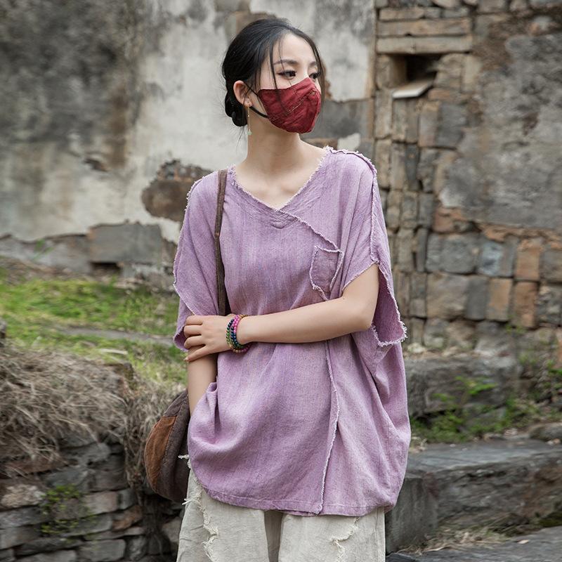 

Johnature Women Vintage Bat Sleeve T-Shirts Solid Color V-Neck Irregular Summer Loose Patchwork T-Shirts One Size фиолетовый