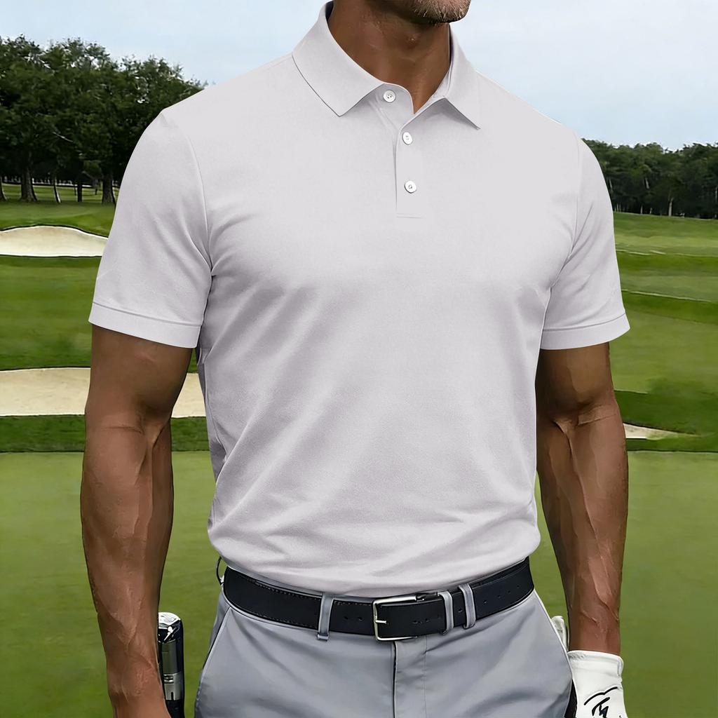 Men Short Sleeve Polo Shirt Classic Fit Button Down Collar Lightweight Breathable Knit Fabric for Business Casual Wear
